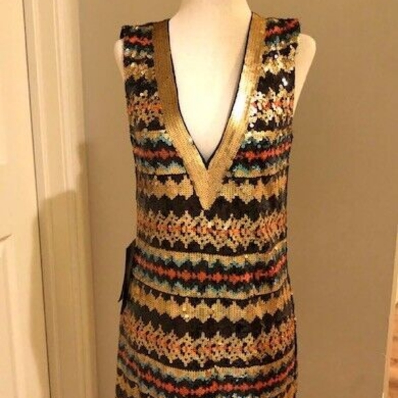 Bebe Sleeveless Plunging Neck Sequin Dress Multi Color Size XXS NWT - Picture 5 of 8